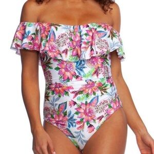 La Blanca 8 Floral Rhythm Off Shoulder Ruffle One Piece Swimsuit Botanical